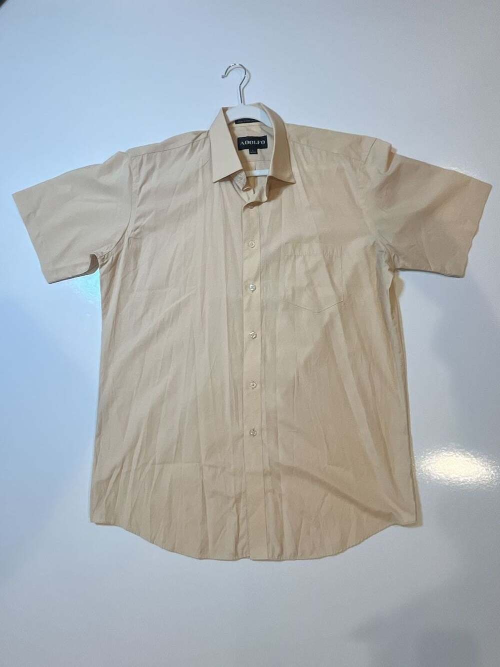 Adolfo Men's Beige Short Sleeve Button-Down Dress Shirt, Size Large 16/16.5